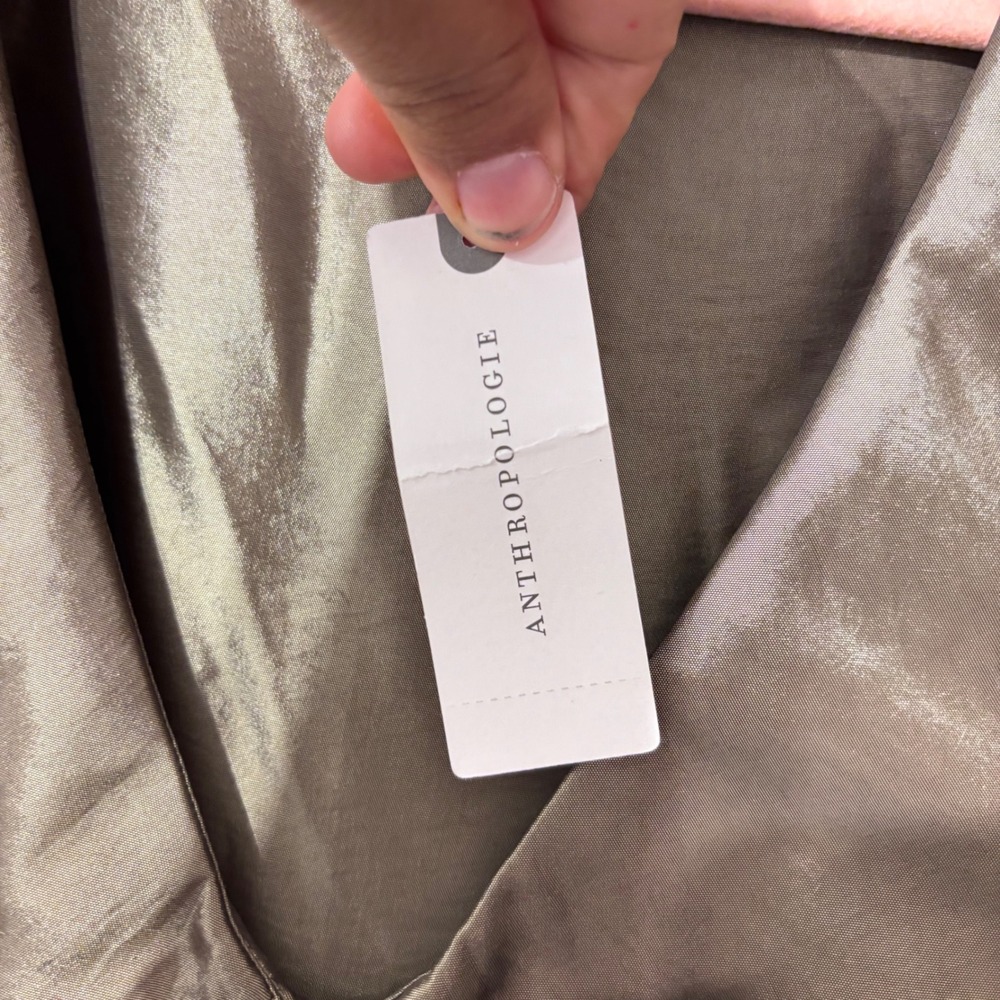 Porridge Anthropologie Taffeta Mini Dress Olive Bronze Puff Sleeve Peter Pan M - Picture 7 of 10